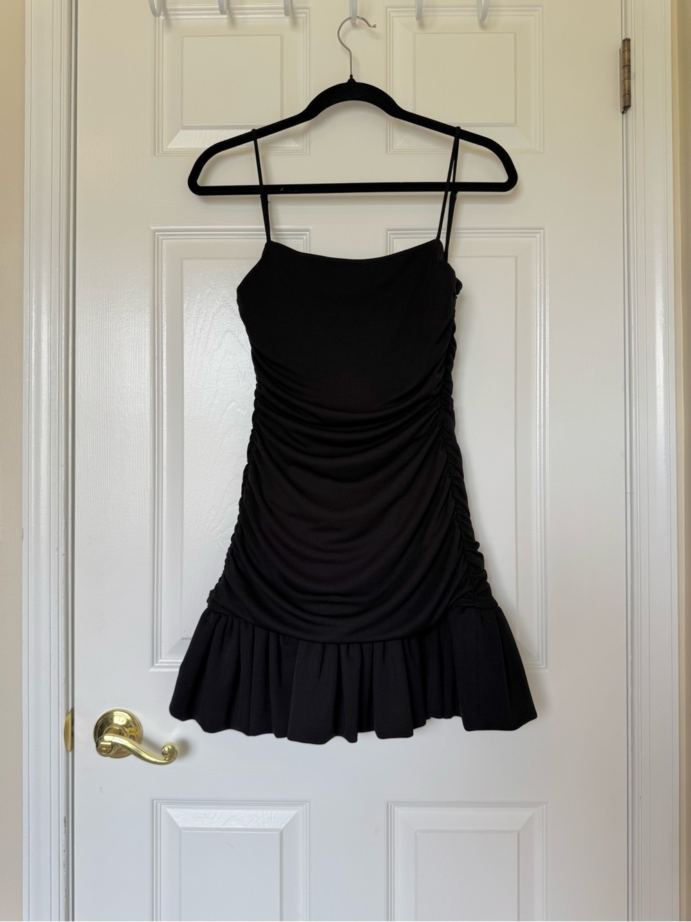 Zara Black Ruched Spaghetti Strap Mini Dress with Ruffle Hem
